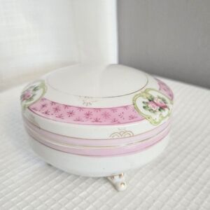 Vtg NIPPON Porcelain Footed Vanity Container Trinket Dresser Pink Stripe Floral